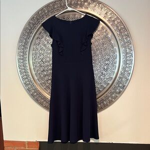 Navy Blue Flutter Sleeve Midi Dress Medium